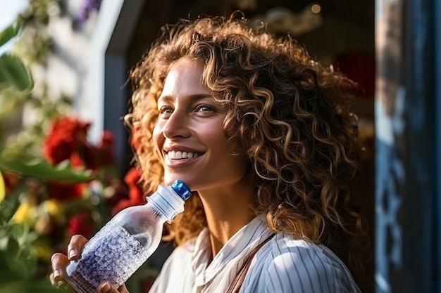 Close up of a beautiful woman drinking water from a bottle outdoors in the summer heat