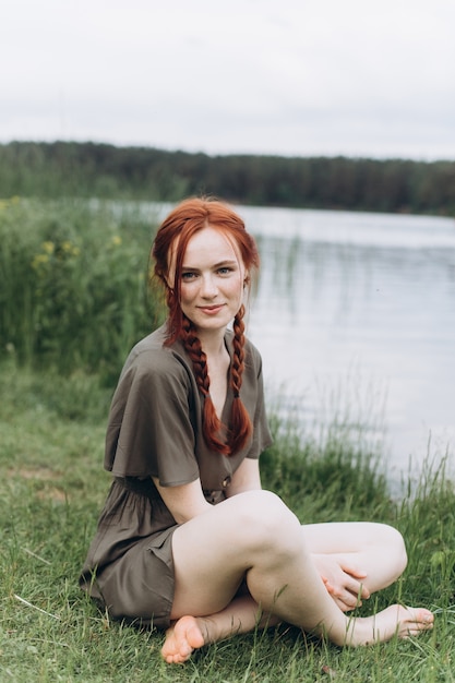 Close up beautiful woman portrait natural face freckles lifestyle girl with pigtails