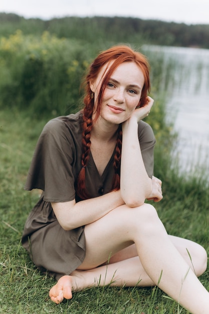 Close up beautiful woman portrait natural face freckles lifestyle girl with pigtails