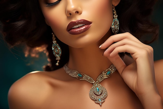 close up of beautiful woman wearing luxury jewelry