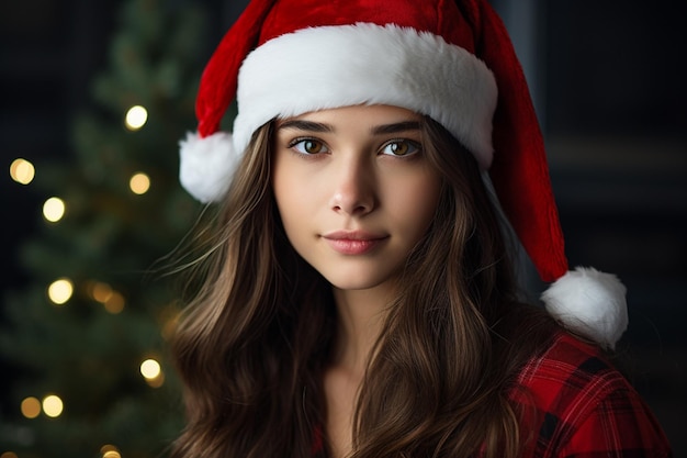 Close Up beautiful woman wearing a Santa hat on her head