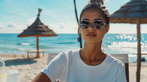 Close up of beautiful woman in white tshirt wearing sunglasses sitting at table on the beach