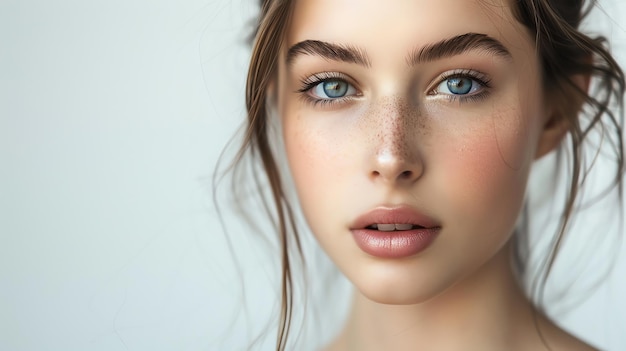 Close up of a beautiful woman with blue eyes and freckles