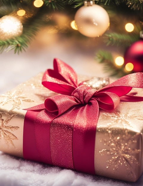 Close up of beautifully wrapped christmas gift on cozy blurred background wallpaper