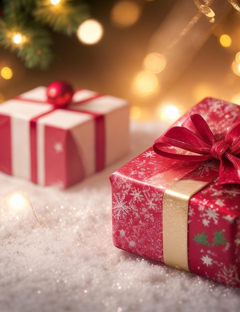 Close up of beautifully wrapped christmas gift on cozy blurred background