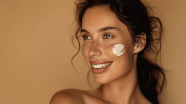 Close up beauty portrait of a laughing beautiful woman applying face cream isolated over beige background