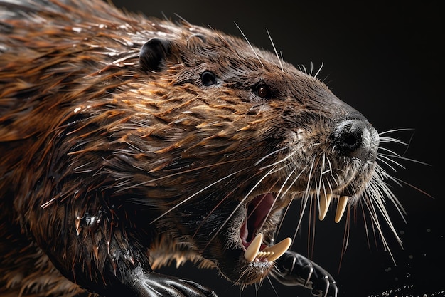 A close up of a beavers face with its mouth open and teeth bared