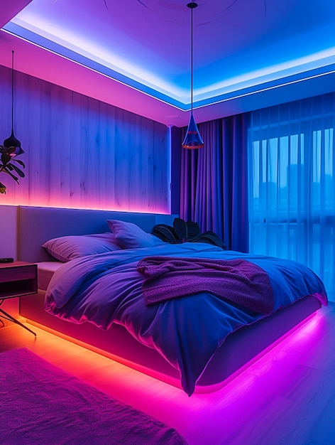 Photo a close up of a bed with a purple light in a room