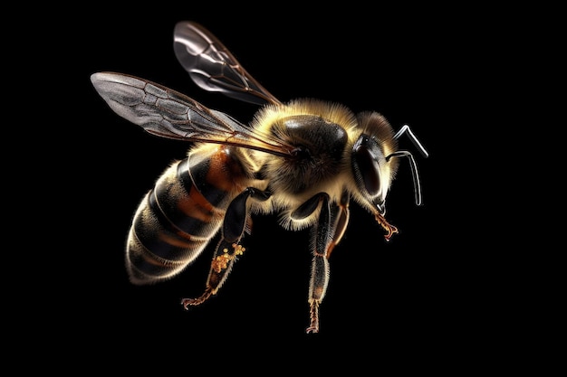 A close up of a bee on a black background generative AI