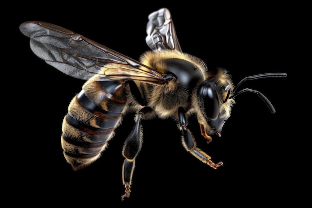 A close up of a bee on a black background generative AI