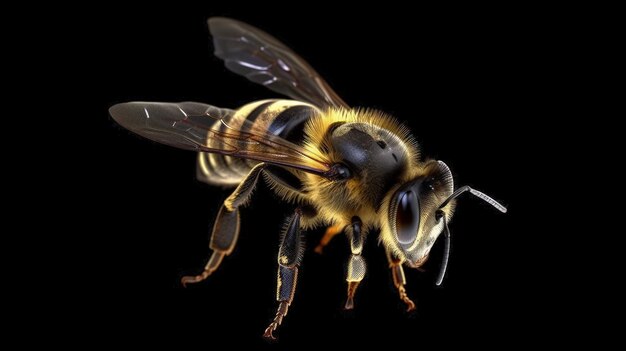 A close up of a bee on a black background generative AI