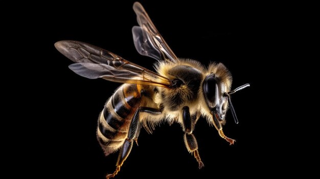 A close up of a bee on a black background generative AI