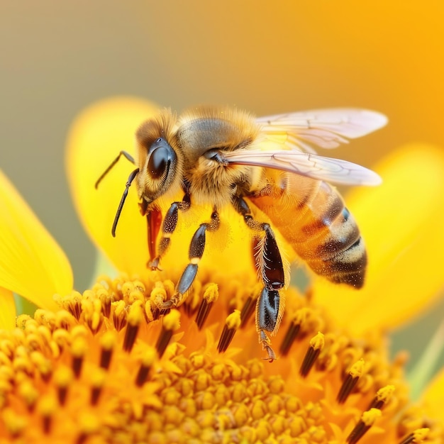 A close up of a bee collecting pollen from a vibrant yellow sunflower in a sunny garden