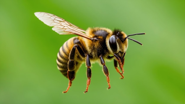 Close up of a bee in flight against a green background highlighting nature39s pollinator