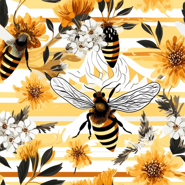 A close up of a bee and flowers on a striped background generative ai