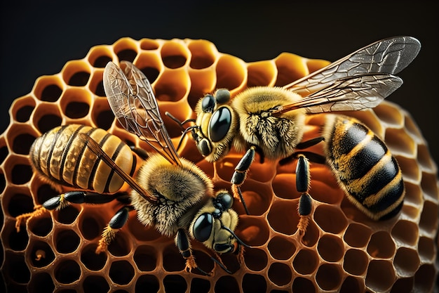 A close up of a bee on a honeycomb