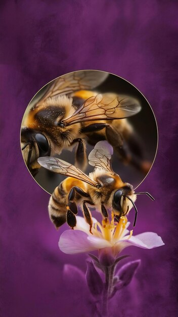 Photo close up on bee isolated on violet background