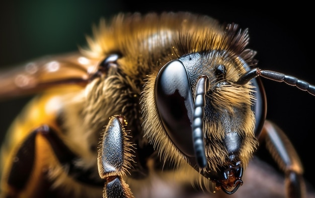 A close up of a bee's eye and a blurry background