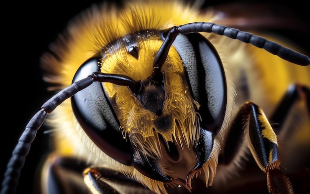 A close up of a bee's face with a black background