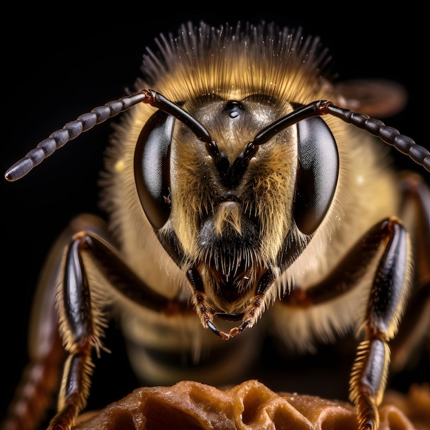 A close up of a bee's face with a black background