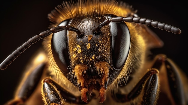 A close up of a bee's face with a blurry background