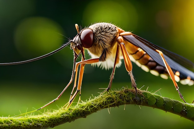 A close up of a bee on a stem