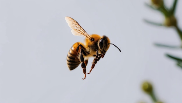 A close up of a bee on a white flower petal in a garden ideal for springtime and ecology concepts