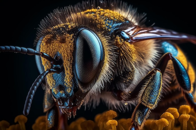 A close up of a bee with a black background