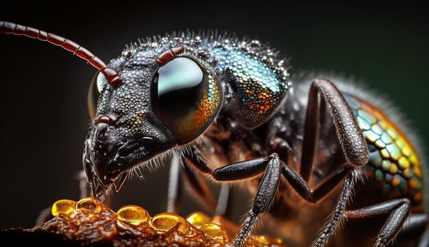 A close up of a bee with the eyes open and the eyes open