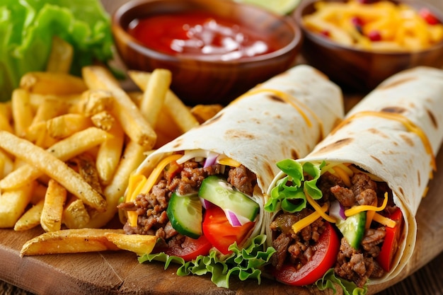 Close up of beef burrito with tomato cucumber lettuce jalapeno served with fries and sauces