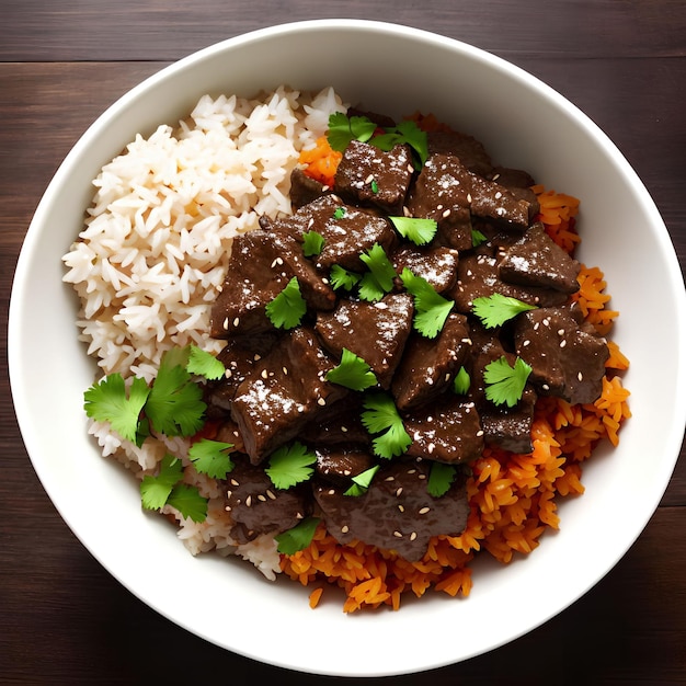 Close up of beef with rice on bowl generative art by AI