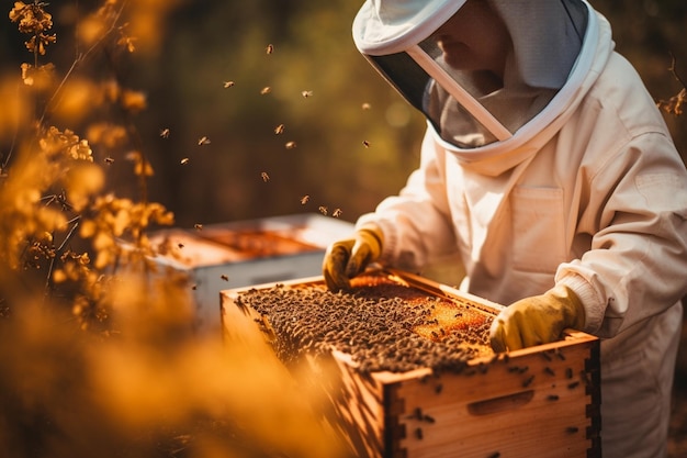 Close up on beekeeper collecting honey