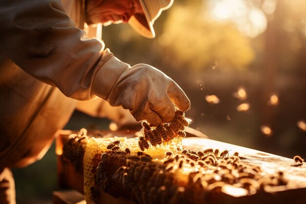 Close up on beekeeper collecting honey