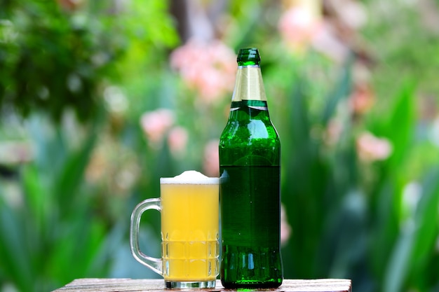 Close up beer with bubbles in the glass