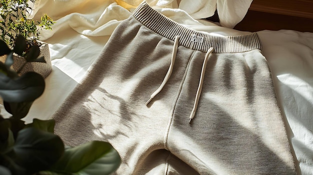 Photo close up of beige sweatpants with drawstrings on a white bedsheet