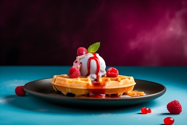 Close up of belgian waffles with vanilla ice cream raspberries and berry syrup isolated on trendy colorful background with copy space Food banner with waffles on dark background Generative AI