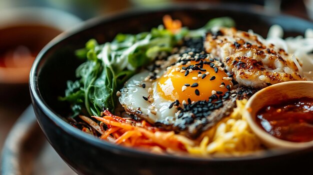 Close up of Bibimbap with Gochujang Sauce on the Side