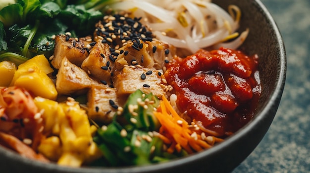 Close up of Bibimbap with Gochujang Sauce on the Side