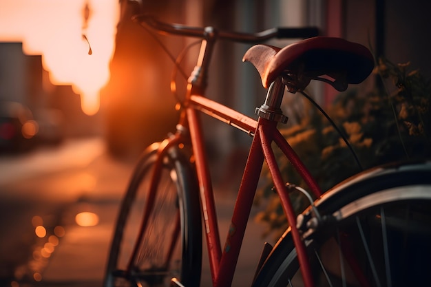 Close up of a bicycles in the city at sunset