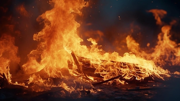 Close up of a big fire flames and smoke destruction all around ultra realistic cinematic ambience