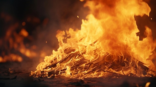 Close up of a big fire flames and smoke destruction all around ultra realistic cinematic ambience