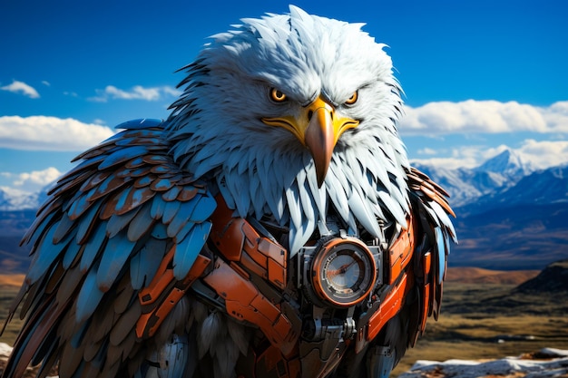 Close up of bird of prey with mountains in the background Generative AI