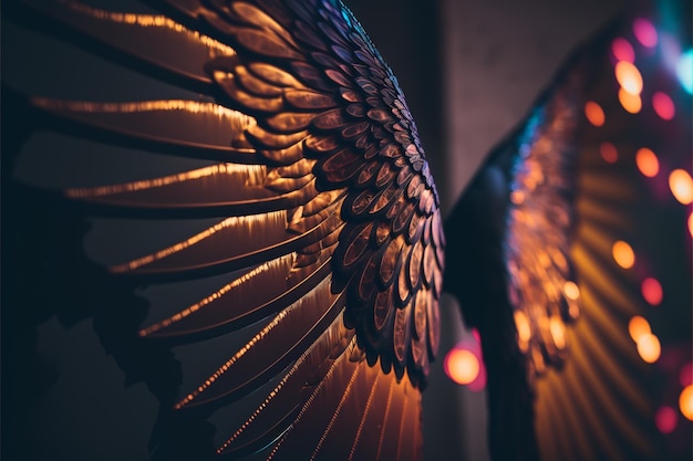 A close up of a bird wings with the word eagle on it