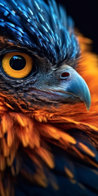 A close up of a bird with a blue beak and a yellow beak.