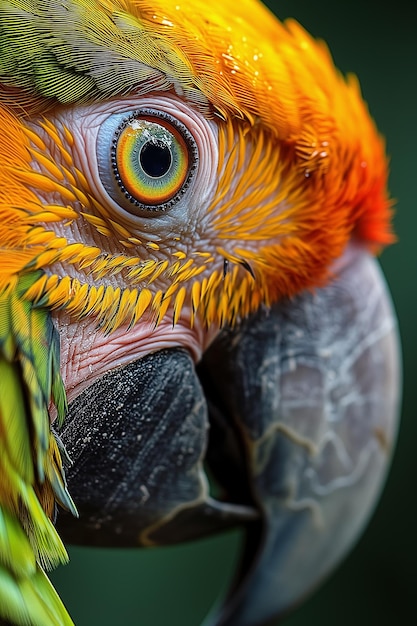 a close up of a bird with a yellow and orange beak