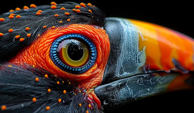 Photo a close up of a birds eye with a blue iris and orange beak