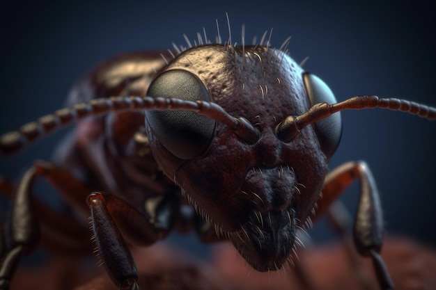 A close up of a black ant with a blue background