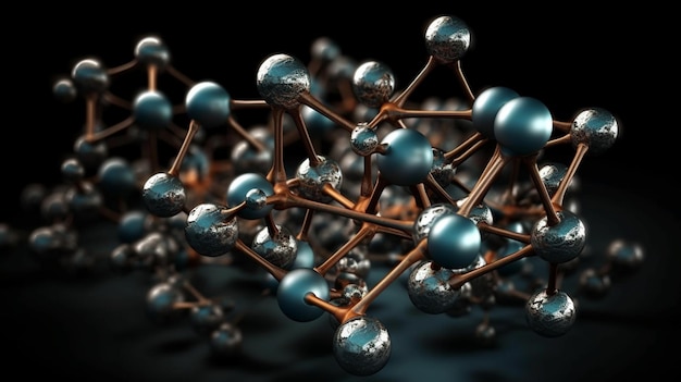 A close up of a black background with a blue and silver model of a molecule.