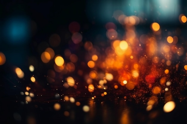 A close up of a black background with a blurry image of a gold glittery light.