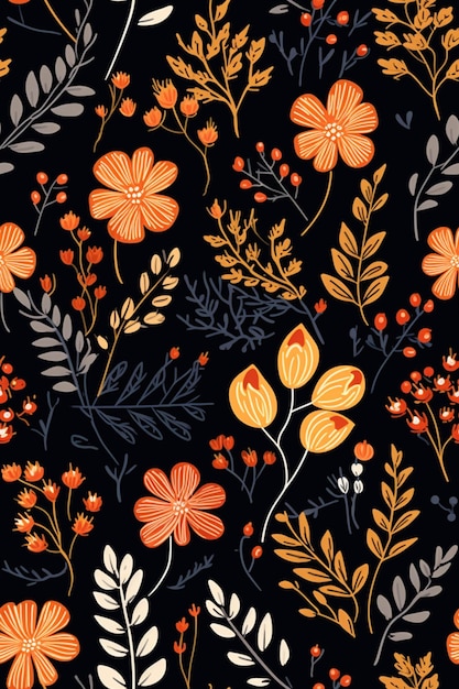 A close up of a black background with orange and gray flowers generative ai